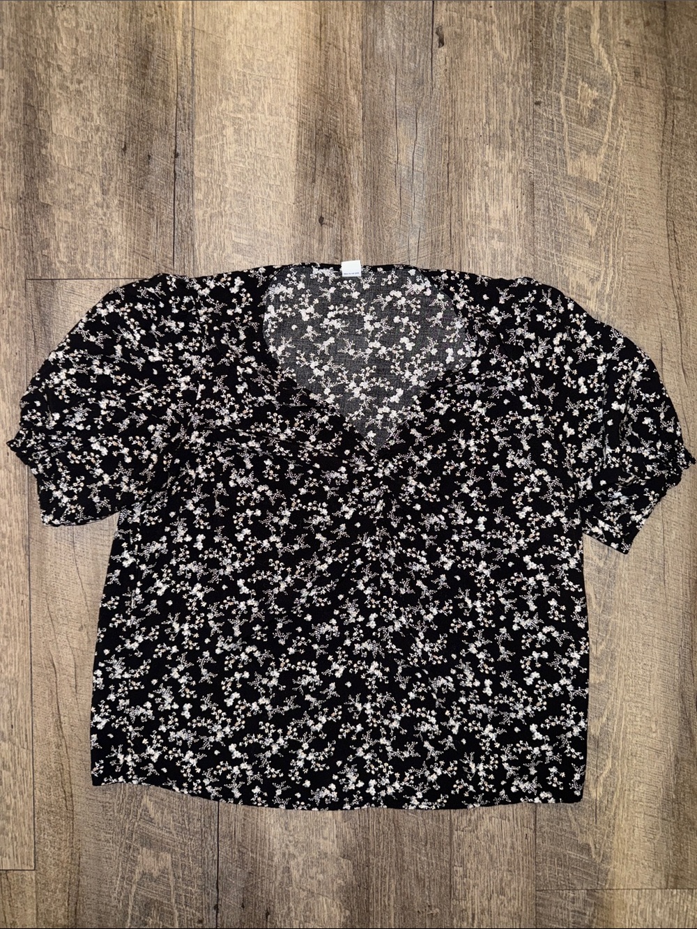 Old Navy Black Floral V-Neck Blouse with White Print
